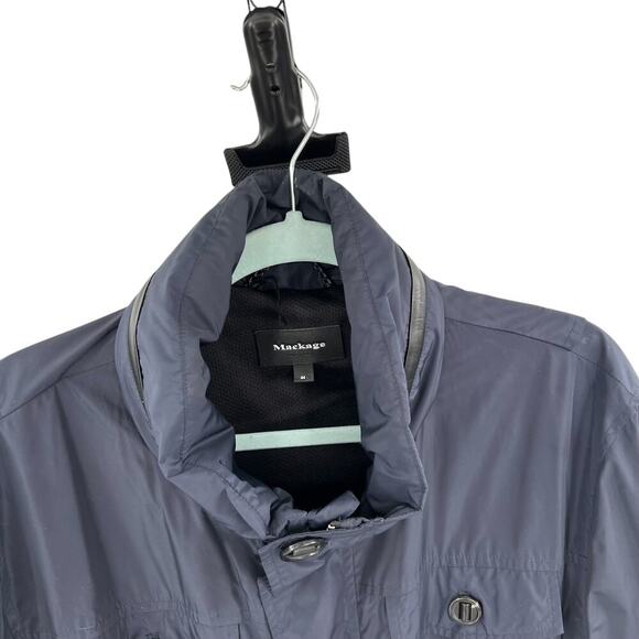 Mackage‎ Wyatt Safari Rain Jacket Button Zipper Leather Trim Blue Size 44 US XL - Picture 3 of 15